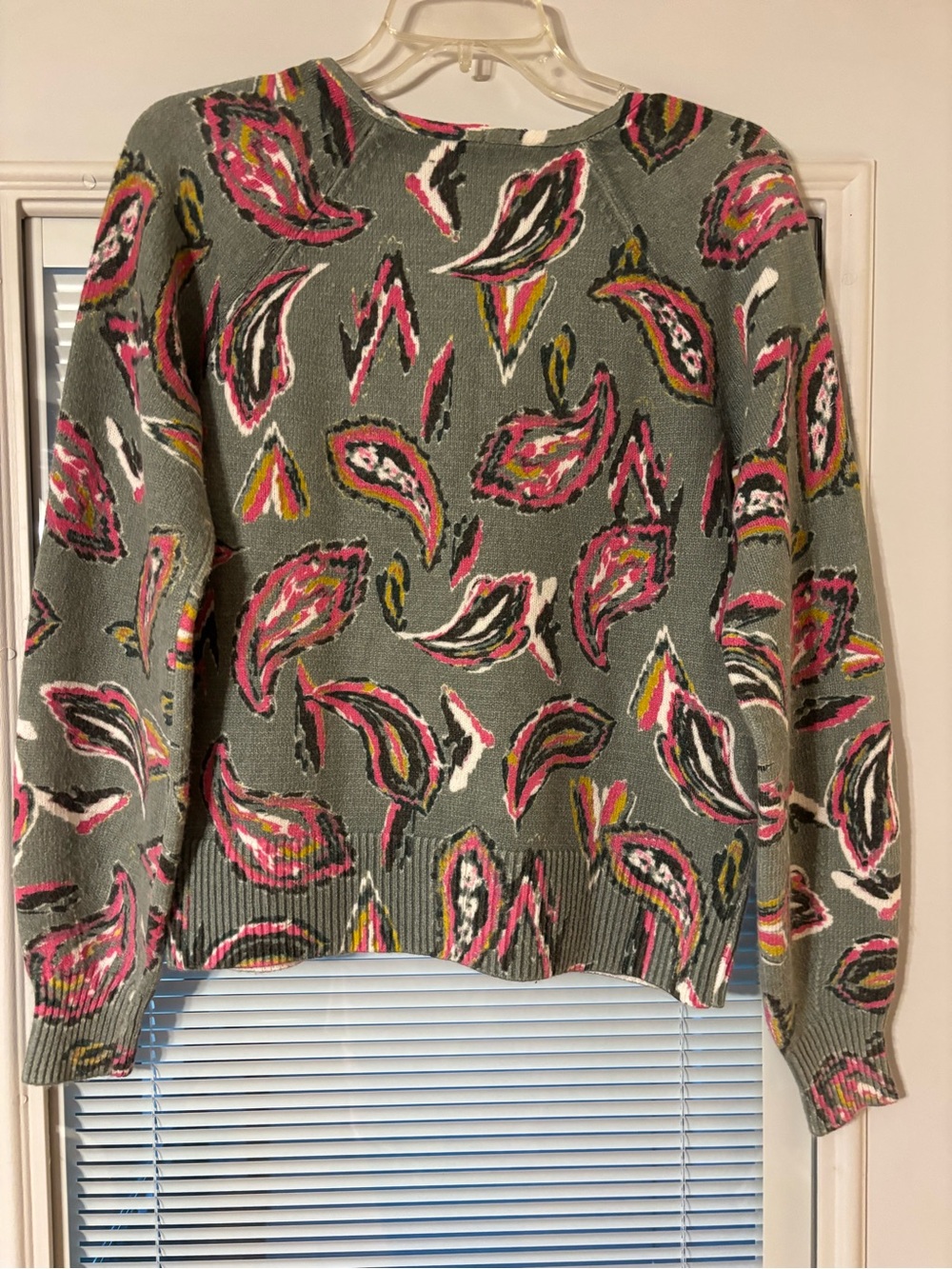 LOFT Sage Green V-Neck Sweater with Pink Paisley Accents - Picture 8 of 10